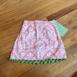 NWT- Just Ducky skirt-pink damask with green Pom poms-size 6-cute!